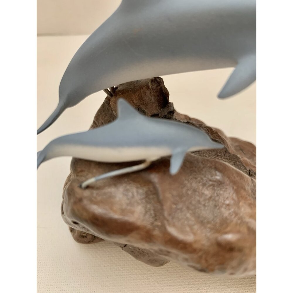 John Perry Dolphin Mother & Baby Blue Sculpture Figure Burl Wood Base 4.5" - Picture 5 of 7